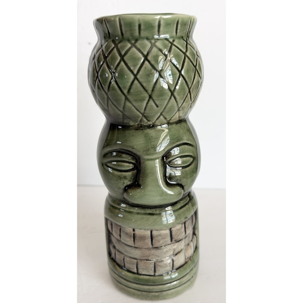 Tiki Lin Hawaiian Green Ugly Face Teeth Ceramic Cocktail Bar Vase Polynesian
